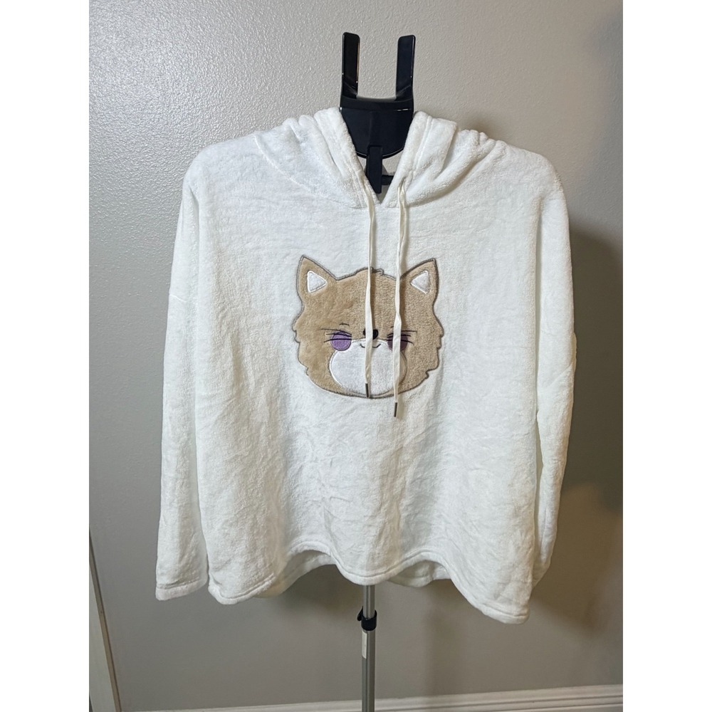 Mosaic Kitty Hoodie Womens 2XL White Embroidered Cat Face Fleece Lined Pullover
